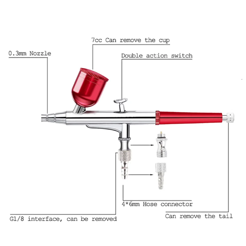 

Dual Action Red Airbrush Pen Hose Spray Art Painting Tattoo Cake Makeup Air Brush Cup Gel Blaster Gun Tool 0.3mm Caliber SJ-81