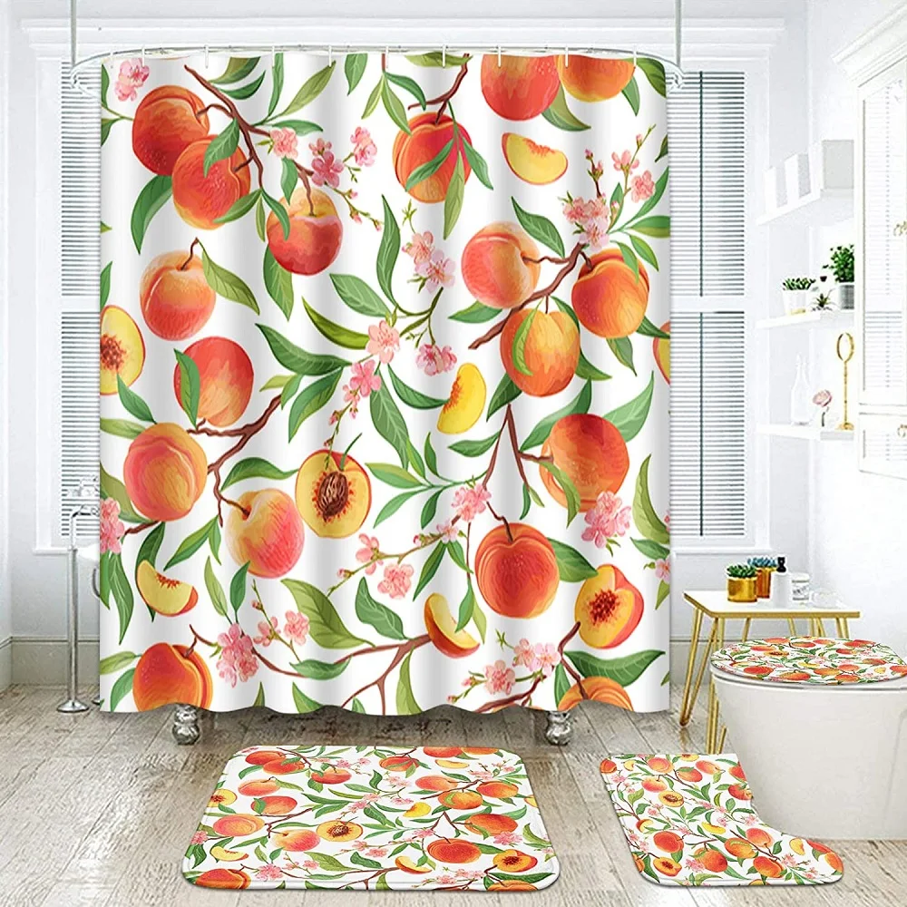 

Summer Peach Leaves Shower Curtain Sets Non-Slip Rugs Toilet Cover Bath Mat Tropical Fruit Orange Floral Pattern Bath Curtains