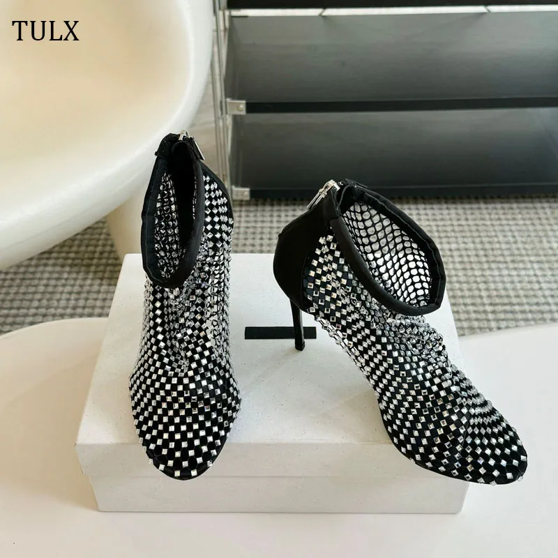 

Fashion Women's Flat Sandals Rhinestone Fishing Net Sandals High Heel Footware Roman Flat Party Shoes Zapatillas 2024