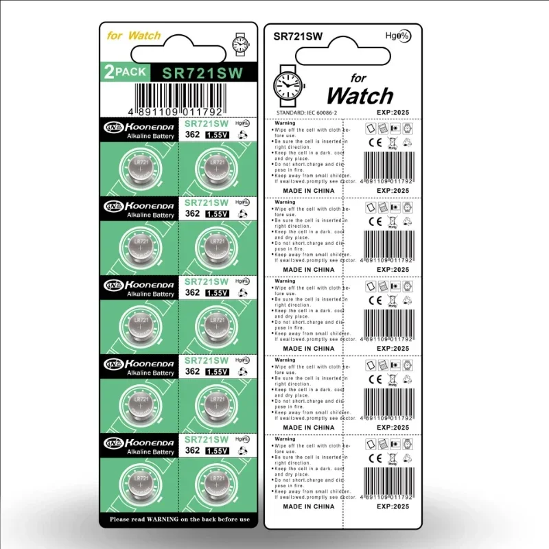 시계용 단추 리튬 배터리, 환경 보호, AG11 362, LR721, 362A, L721F, SR721SW, 1.55V, 10 개