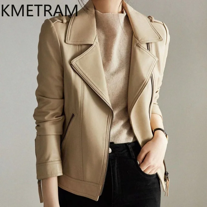 KMETRAM Real Sheepskin Leather Jacket Woman Beige Short Moto Jackets Genuine Leather Coat Spring Autumn Women Clothes 2026 양가죽코트