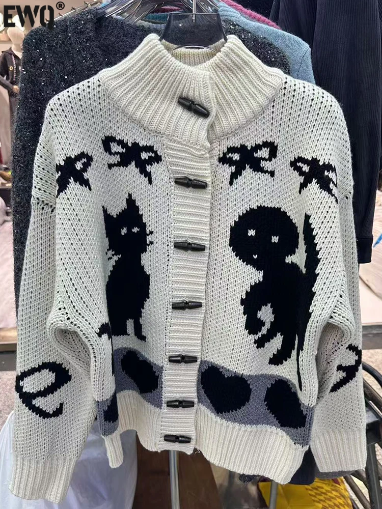 [EWQ] Casual Sweet Animal Print Knit Cardigan Horn Button Design All-match Women Sweater Coat 2024 Winter New Fashion 16O3636