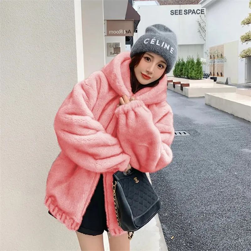 2024 Winter New Hooded Rabbit Hair Imitation Mid length Fur Coat Korean Version Loose Thickened Plush Coat Women Solid Commuter