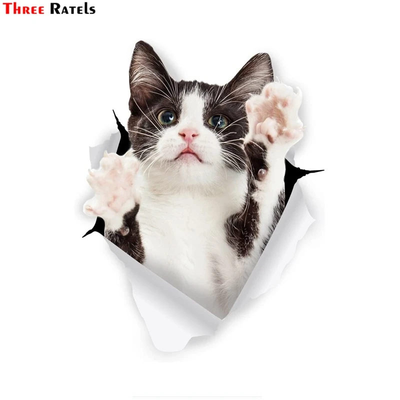 Three Ratels 3D Cat Stickers Black & White Tuxedo Cat Sticker For Wall Fridge car living room 1096