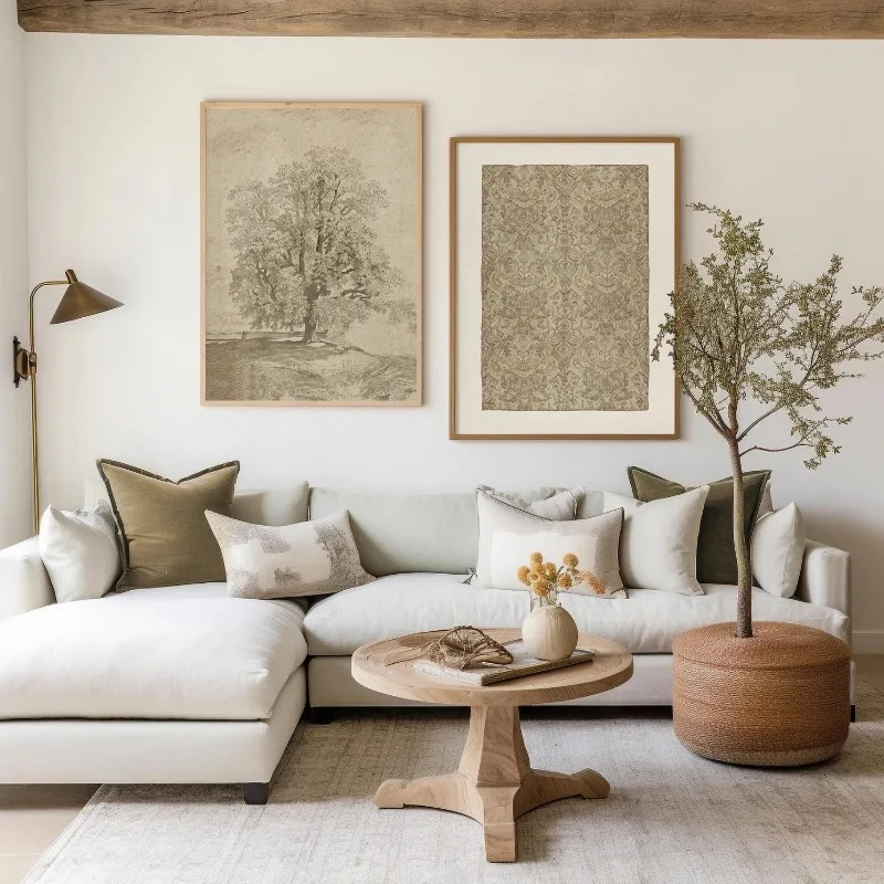 Juego de Cuadros de Pared Estilo Granja, 2 Cuadros Retro de Árboles, Lienzo Artístico en Tonos Neutros Vintage, Póster Temático Natural