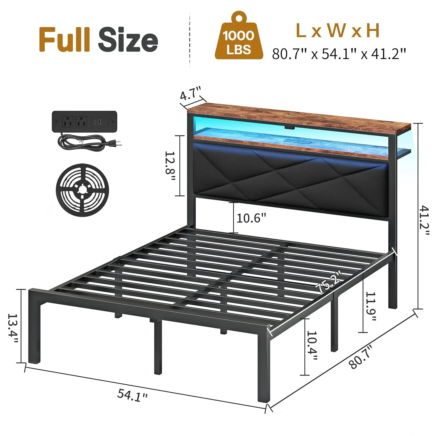 Full Size Bed Frame with 2 Tier Upholstered Storage Headboard and Under Bed Storage,Platform Bedframe with LED, Customized