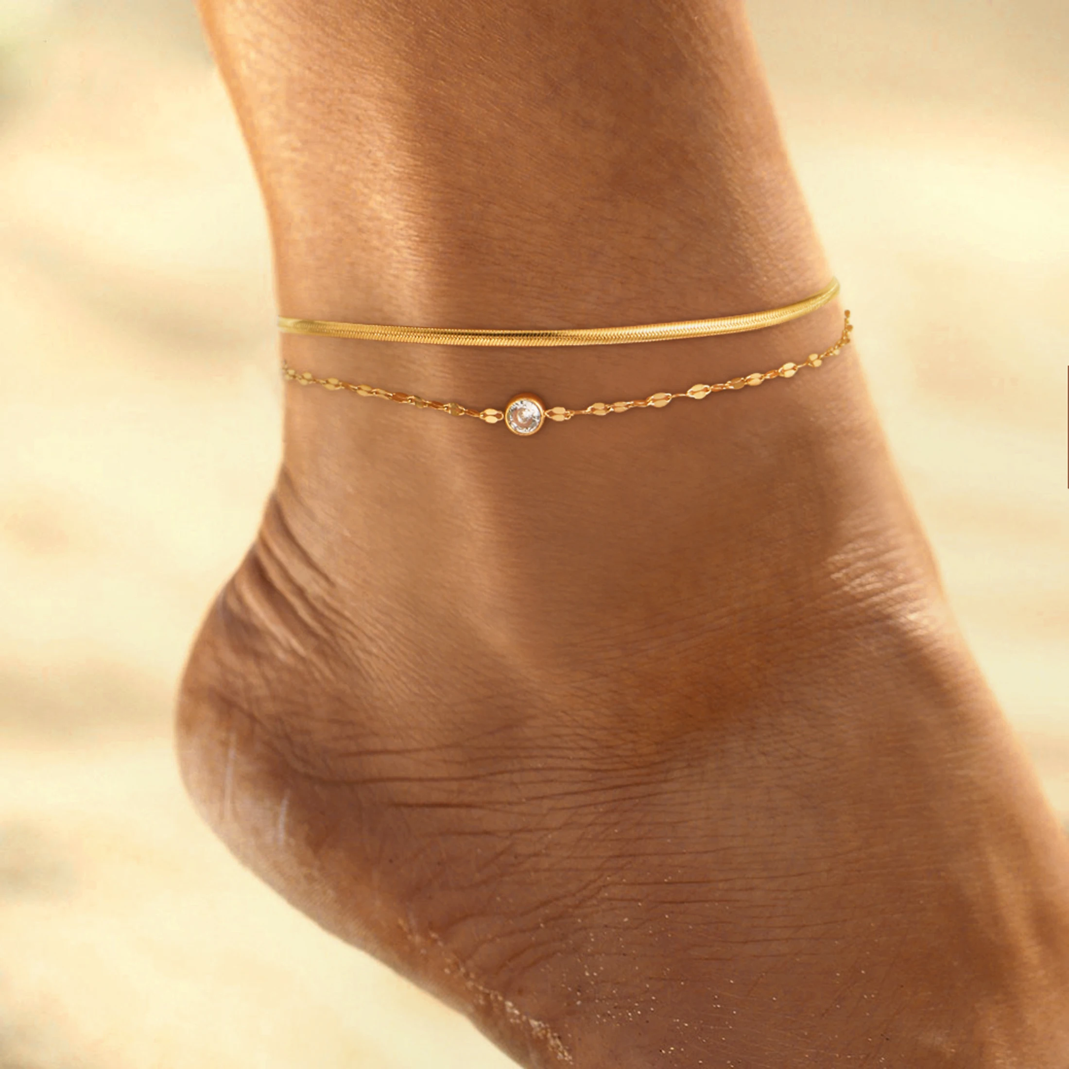 Geschichtete kreisförmige Edelstein Ring personal isierte Anhänger Edelstahl Damenmode Party Schmuck Geschenk Sommer Strand Fußkettchen