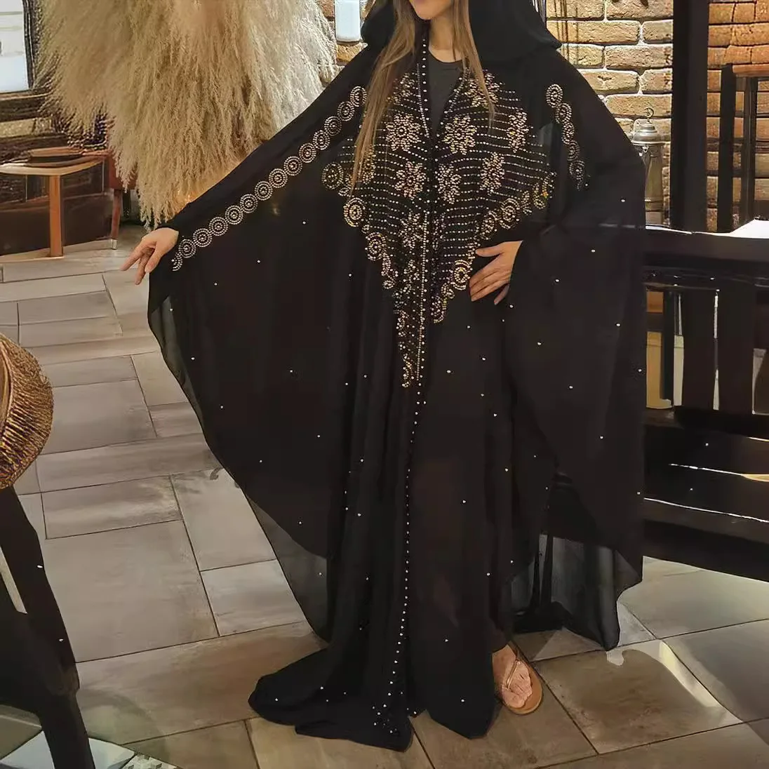 Women's Bat Sleeves Hot Drilled Beaded Hooded Classic Loose Robe High Density Chiffon