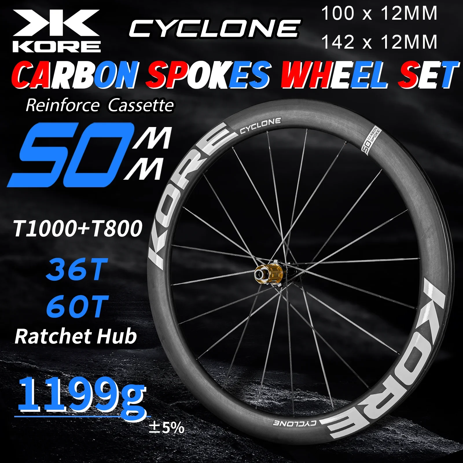 

KORE Carbon Spokes Wheels 700C Road Racing Wheelset Tubeless Disc Brake 36T/60T HG XDR Hub 1199g Carbon Rim Road Bike Wheel set