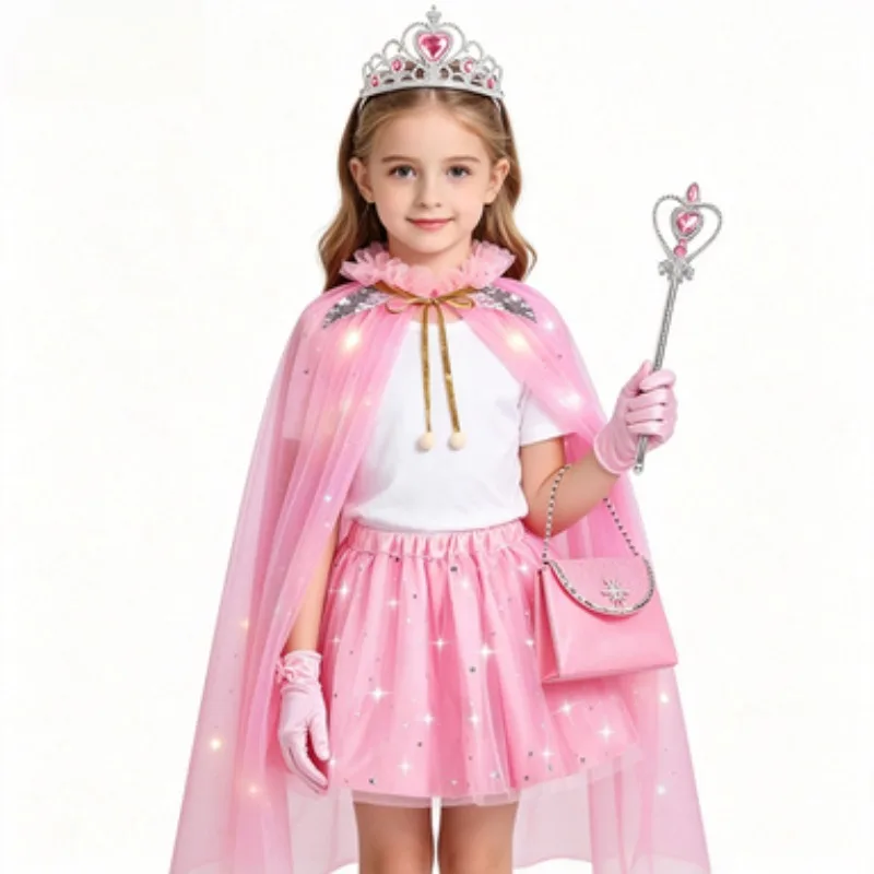 Pink LED Luminous Cloak Set for Girls, Long Tulle Glowing Shawl, Exquisite Clothes for Kids Halloween, Birthday, Stage and Party