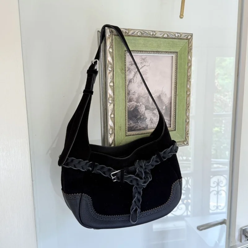 

Retro Matte Suede Weaving Belt Decorative Women's Hobo Bag 2025 New Trendy Real Leather Shoulder Bag Versatile Underarm Bag Tote