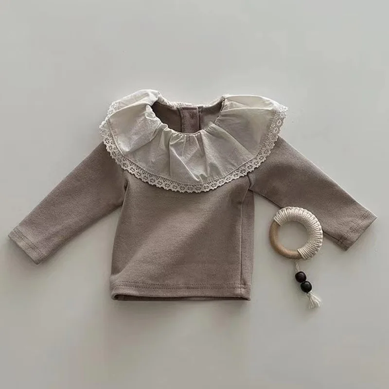 

Korean Style Infant Baby Girls T-shirt Long Sleeved Cotton Lace Stitching Pullover Tops Children Clothes For Autumn