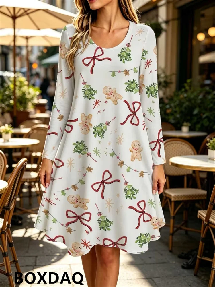 2027 Women Winter Christmas Long Sleeve Round Neck Loose A-Line Dress Xmas Tree Gingerbread Gift Print Ladies Party Casual Dress