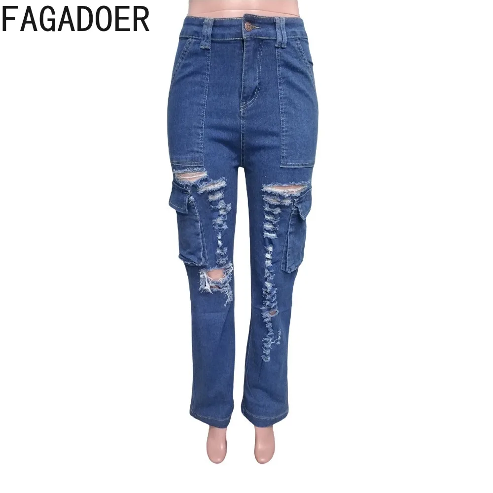 FAGADOER Blue Fashion Denim Hole Straight Pants Women High Waist Button Pocket Loose Jean Trousers Casual Female Cowboy Bottoms