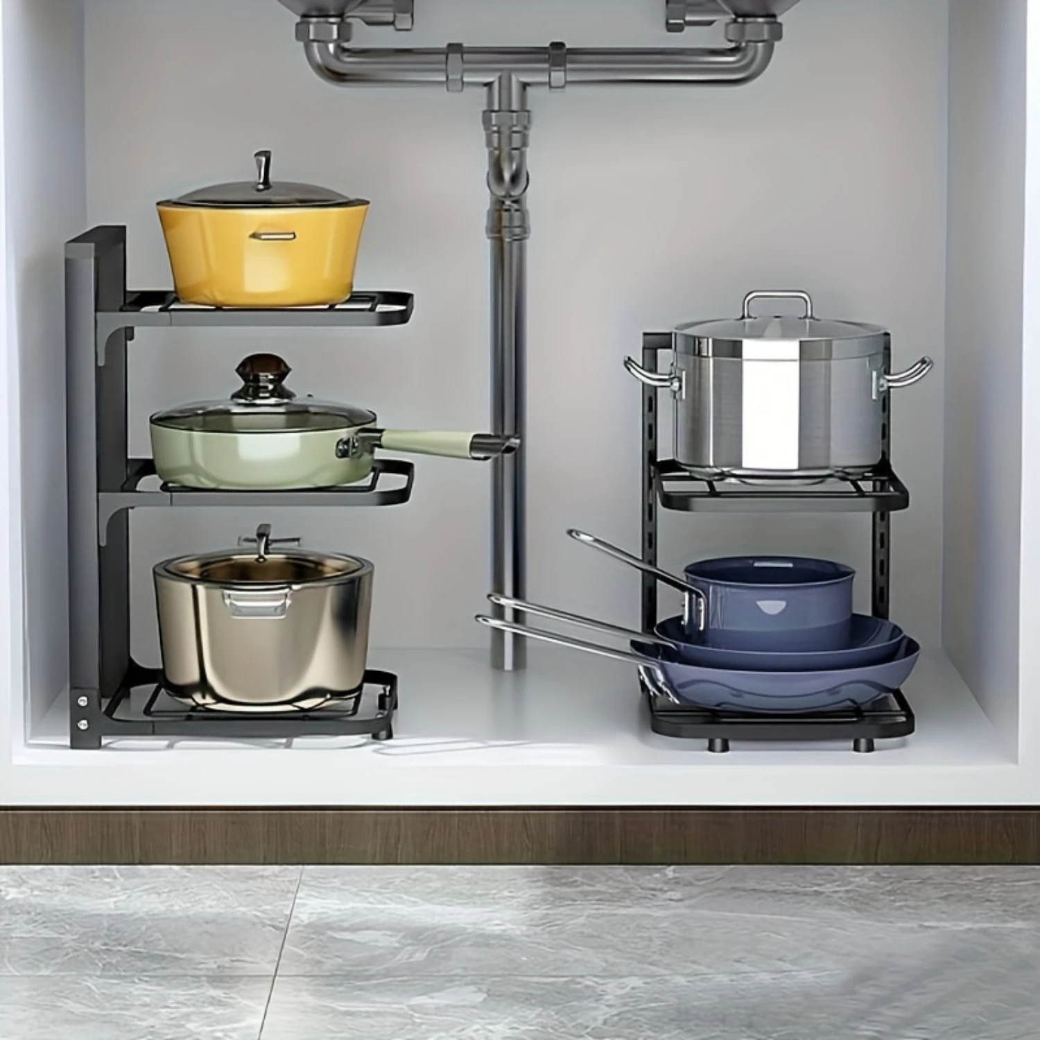 قطعة واحدة من منظم وعاء ومقلاة متعدد الطبقات - رف أواني طهي موفر للمساحة لمستلزمات المطبخ - وصول تحت الحوض والخزانة على سطح الطاولة