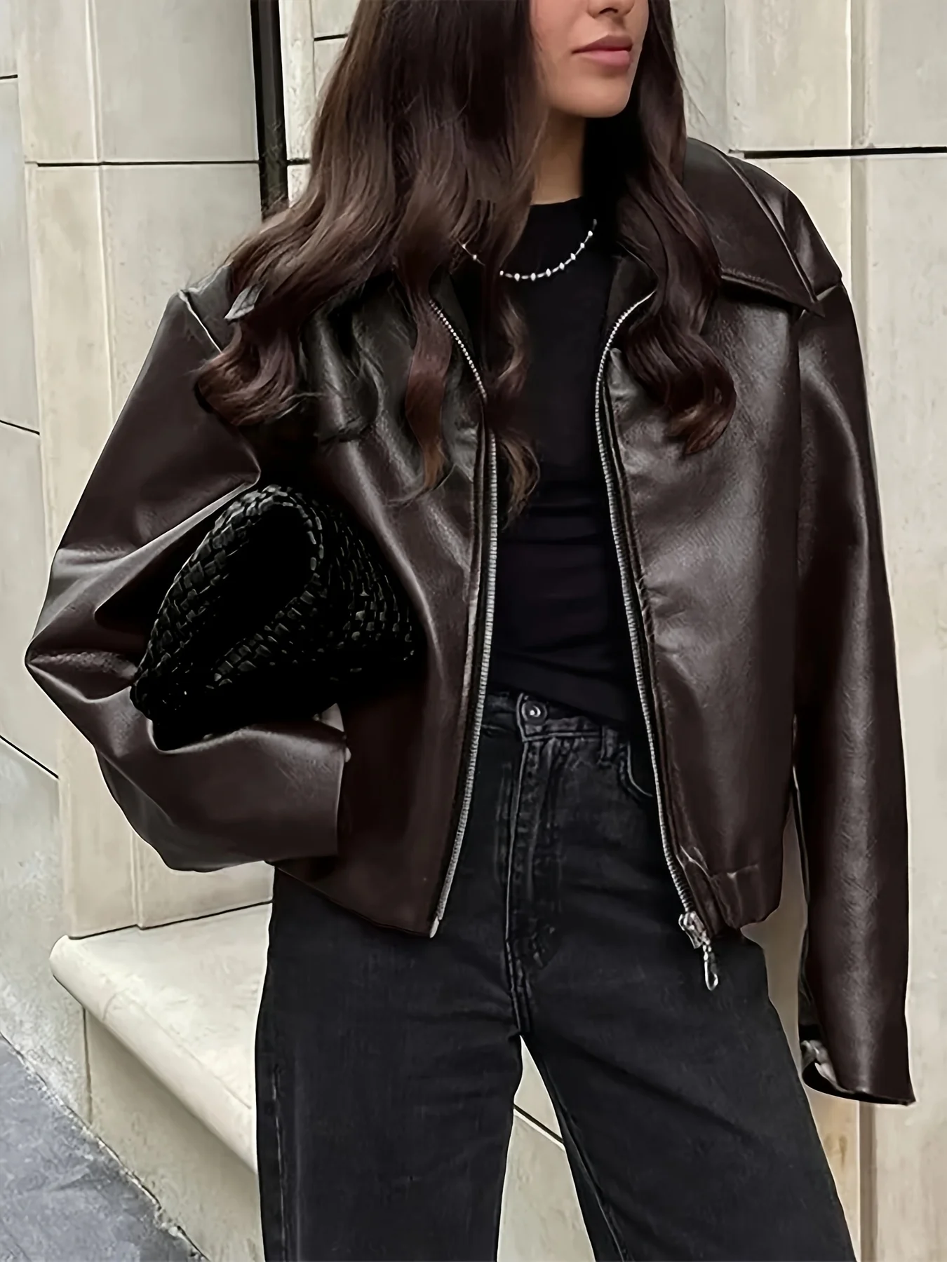 Cool ort cuir Jaet femmes décontracté américain Sle rétro Biker vêtements fermeture éclair coupe ample longue Sve col montant manteau