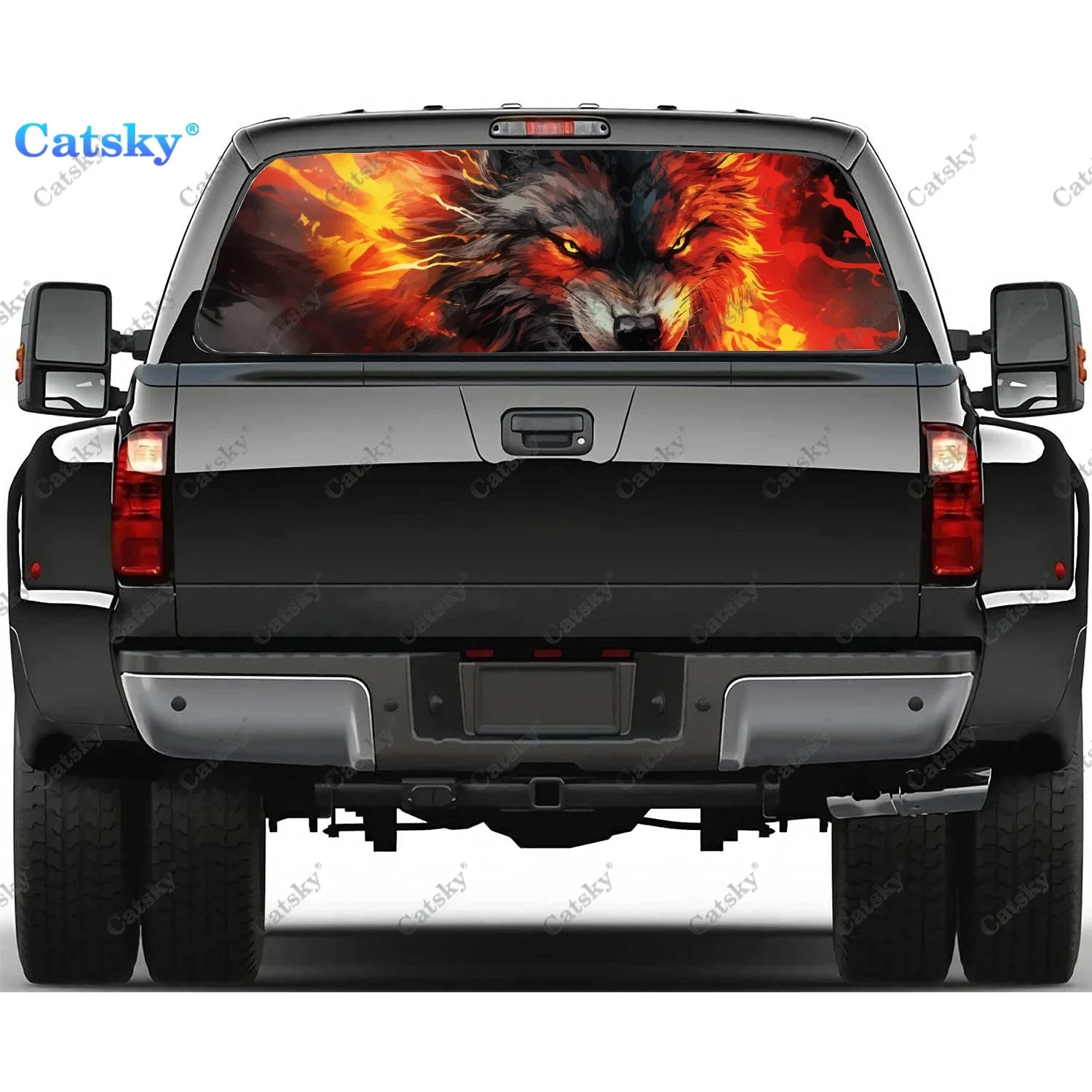 

Angry Wolf Howling In Fire Rear Window Decal Fit Pickup,Truck,Car Universal See Through Perforated Back Window Vinyl Sticker