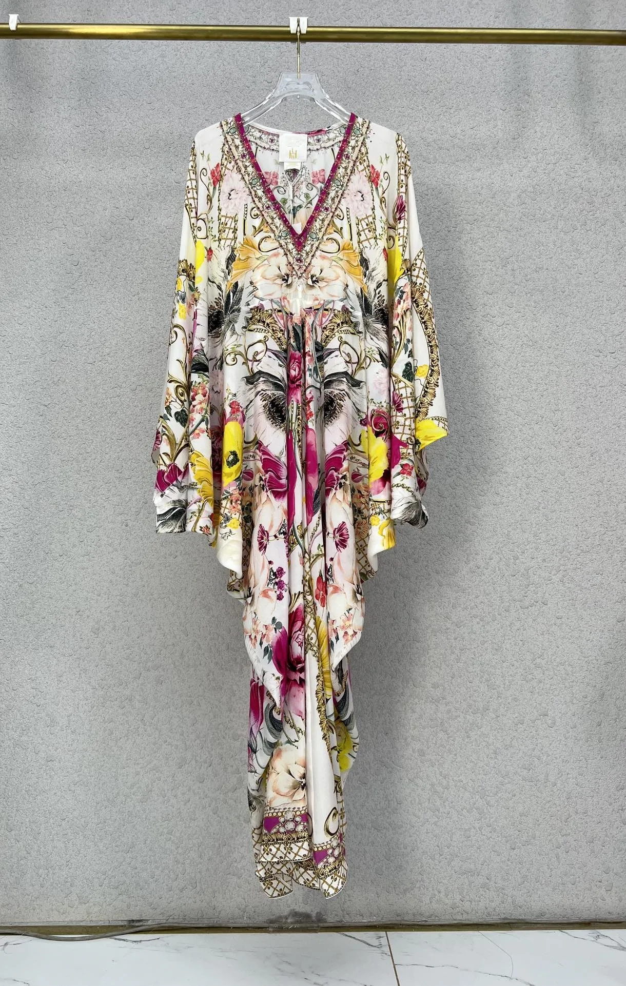 Women Flower Printed V-Neck Beaded Batwing Long Sleeve Silk Cloak Dress