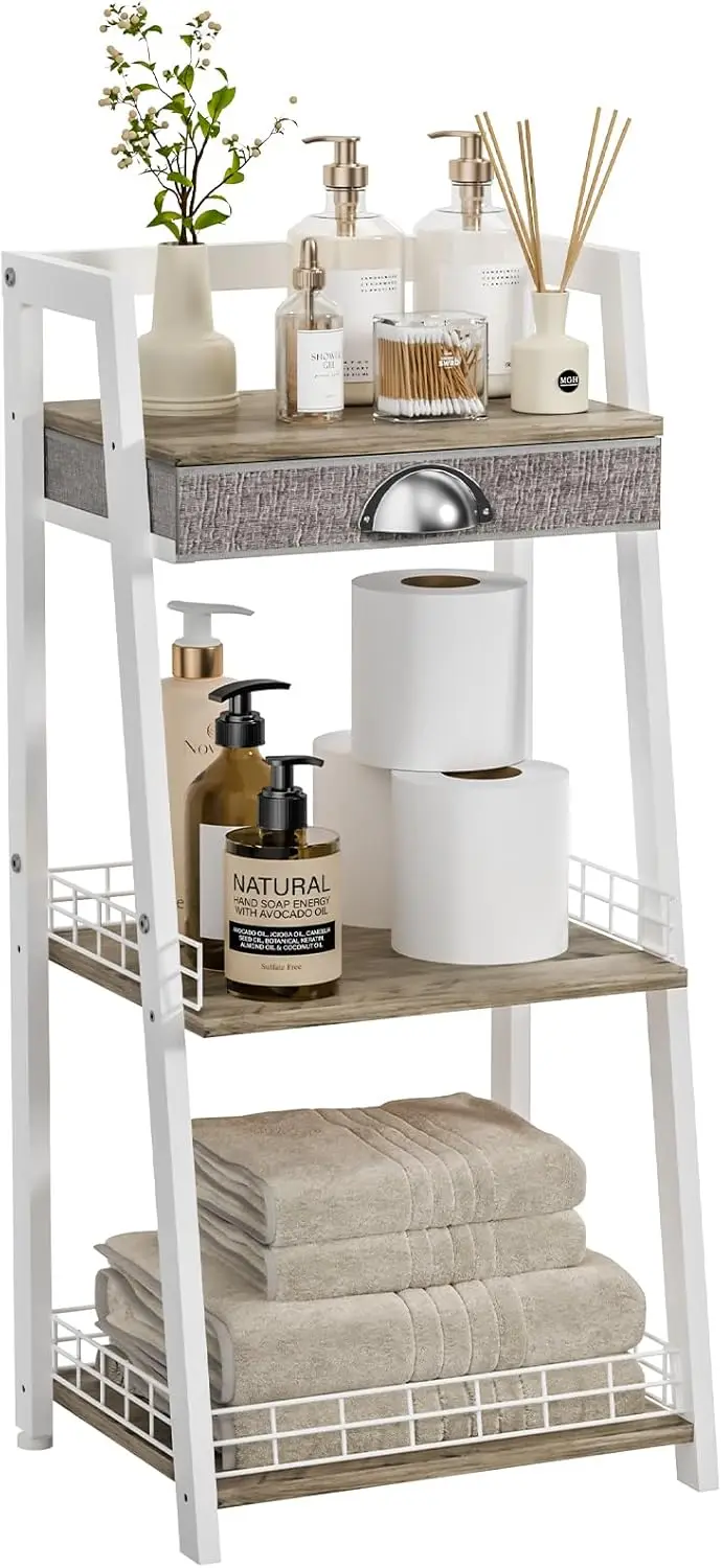 

3-Tier Bathroom Shelves with Drawer, Freestanding Storage Rack for Living Room Bedroom, White