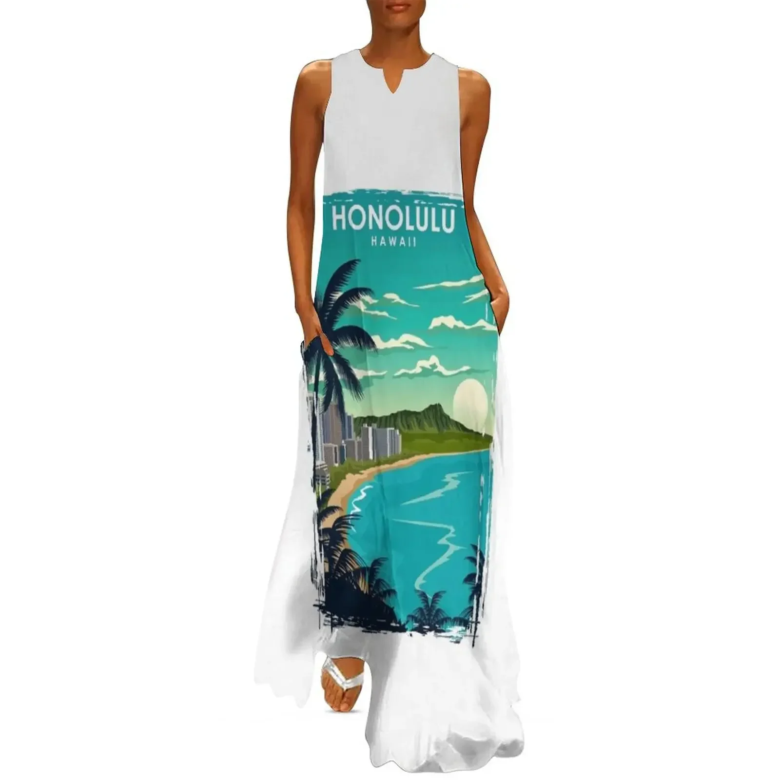 

Honolulu Hawaii Vintage Minimal City Travel Poster Long Dress Dress for pregnant women Summer skirt Dress