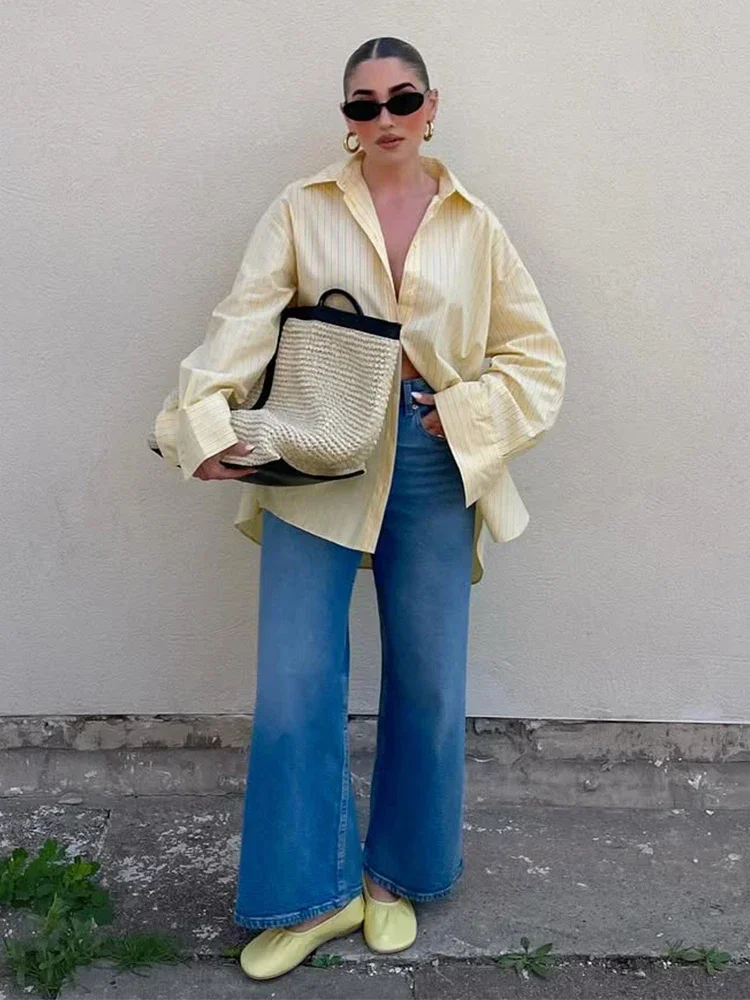 Gestreept Revers Kraag Shirt Dames Modieus Single-breasted Lange Mouwen Split Zoom 2025, Nieuwe Zomer Nieuwe Vrouwelijke Chic Shirt