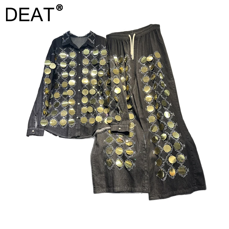 DEAT Women's Denim 2 Piece Set Loose Sequins Diamonds Blouse Elastic Waist Wide Leg Thin Jeans 2025 New Spring Fashion 29L93819