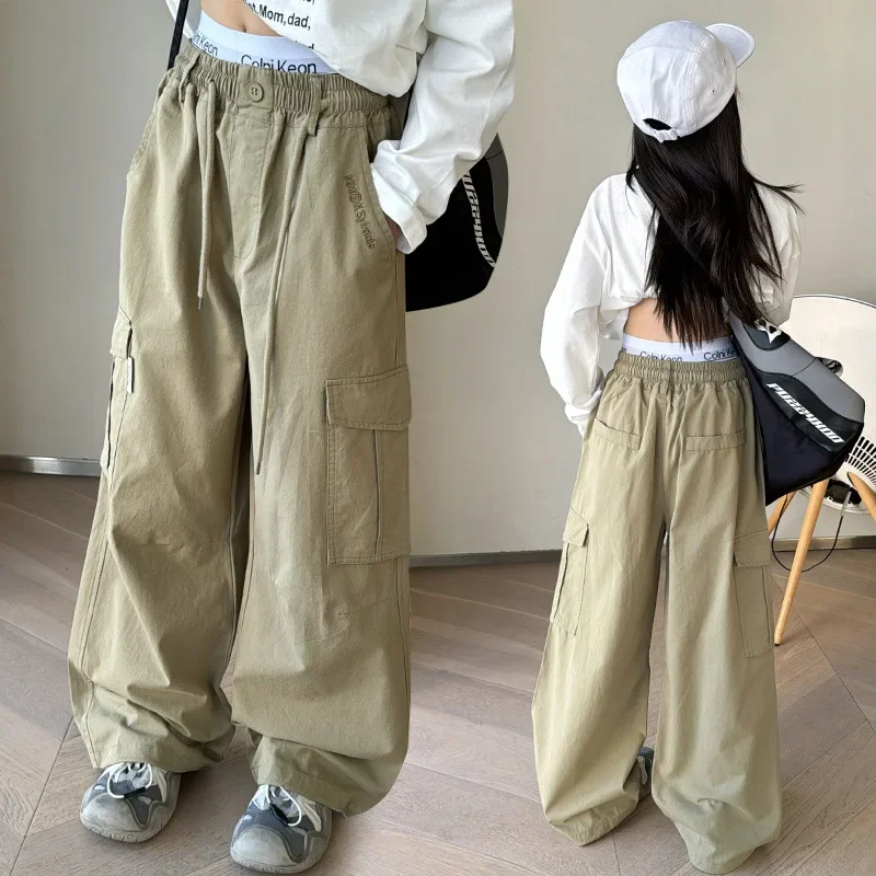 Girls Trousers Autumn Cargo Pants 2024 New Women Big Children Fashion Wide-leg Pants Children Loose Korean Simple Style