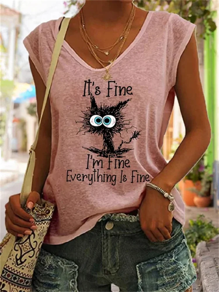 Vintage T Shirt Tops Women Sleeveless Summer V-Neck T-Shirts Casual Letter Cat Pattern Print Harajuku Elegant Pullover Tank Tops