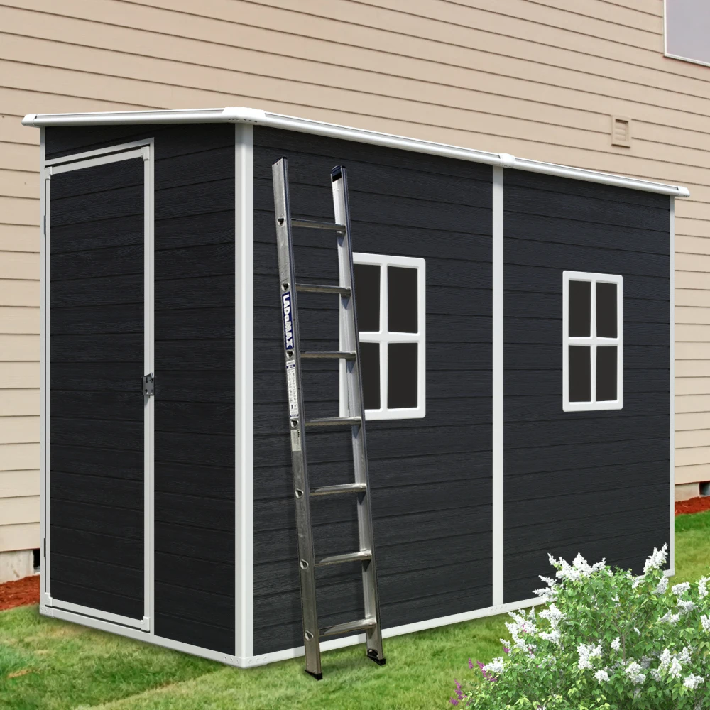 

4x8ft Outdoor Storage Shed with Floor Resin shed with Two-Window, Waterproof ,Lockable Doors for Patio,Yard,Lawn ---Black
