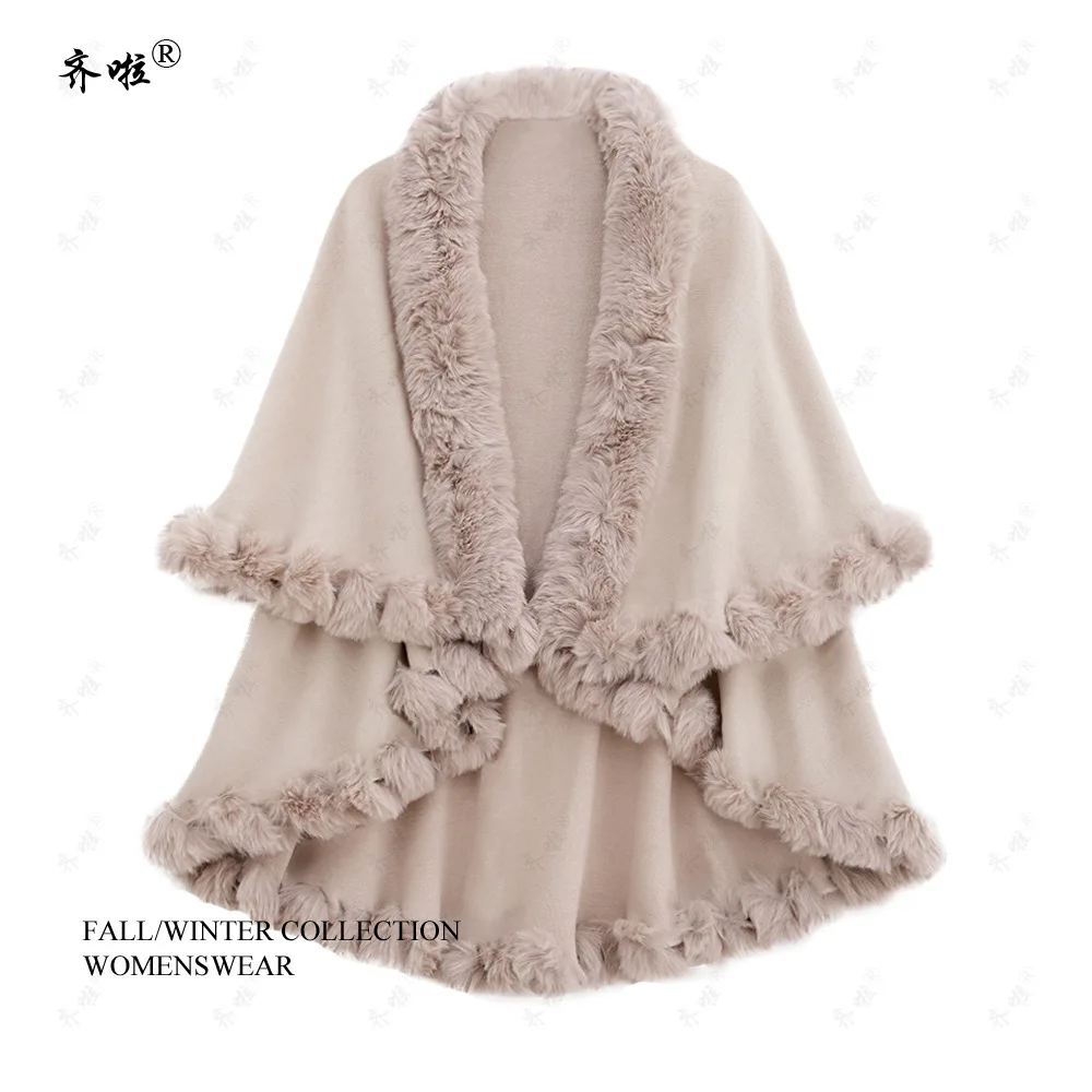 Autumn Winter Rex Rabbit Fur Collar Double Layer Cloak Shawl Knitted Cardigan Jacket for Women
