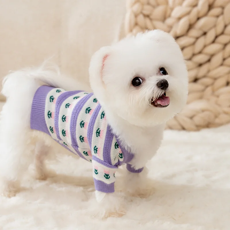 Winter Dog Clothes Warm Dog Cardigan Coat Pet Knitted Dog Sweater Tulip Print Soft Fashion Coverall for Dog Chihuahua Clothing