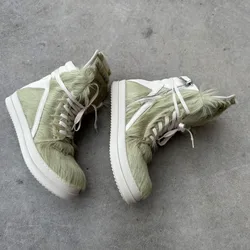 R-o Men Ankle Boot Brand Shoe Gray Green Horse Hair Boots Women Flat Sneaker High Top Casual Shoes Green Horsehair Sneakers