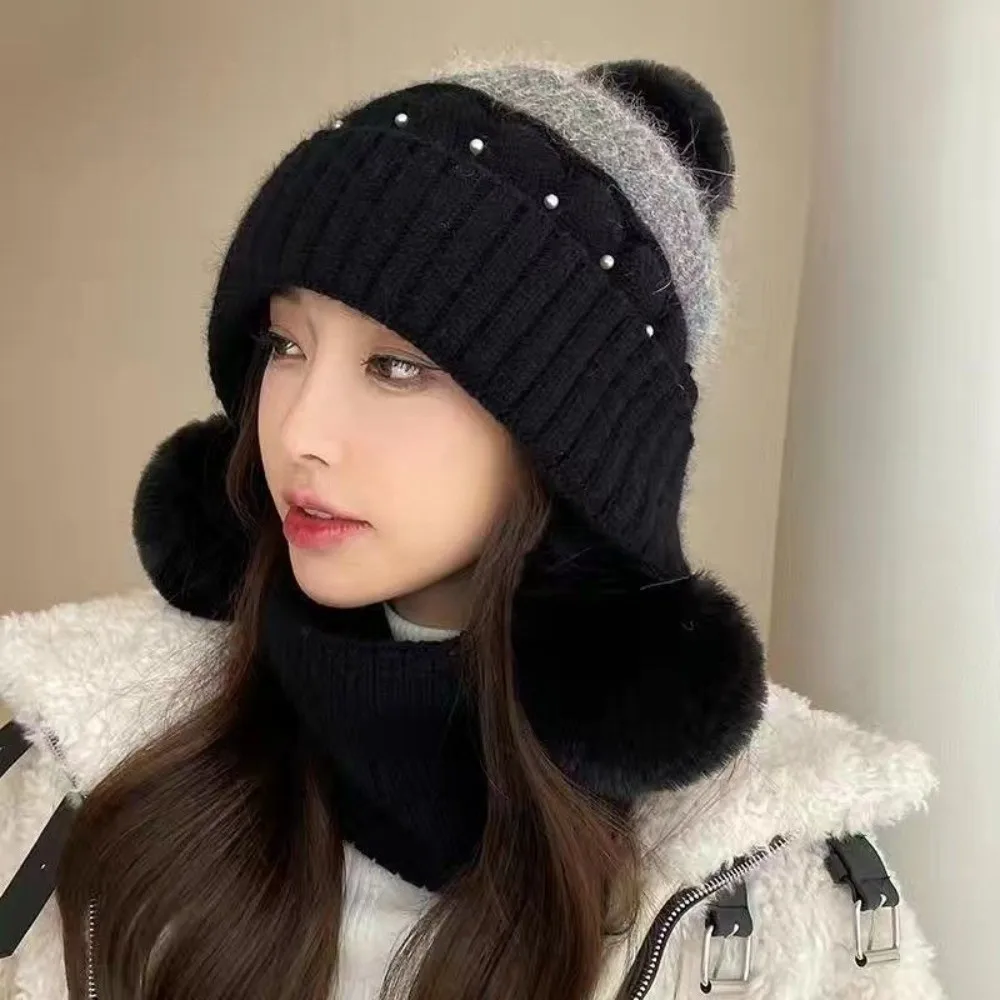 

Simple Solid Color Woolen Knitted Cap Windproof Knitted Plush Beanie Hat Thickened Plush Ball Ear Protection Hat Autumn