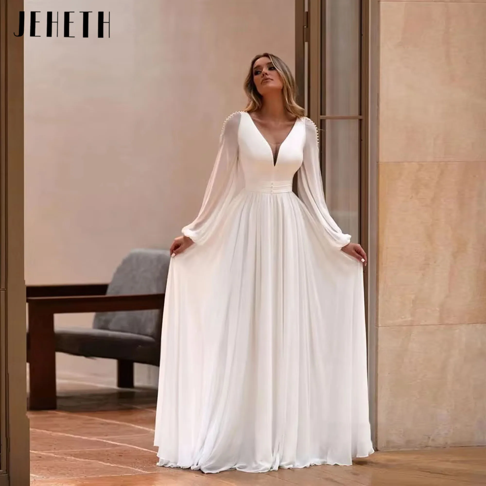 

JEHETH Simple V-Neck Vintage Sexy Wedding Dress for Women Long Sleeves Bridal Gown with Pearls A Line Robe De Mariee Customized