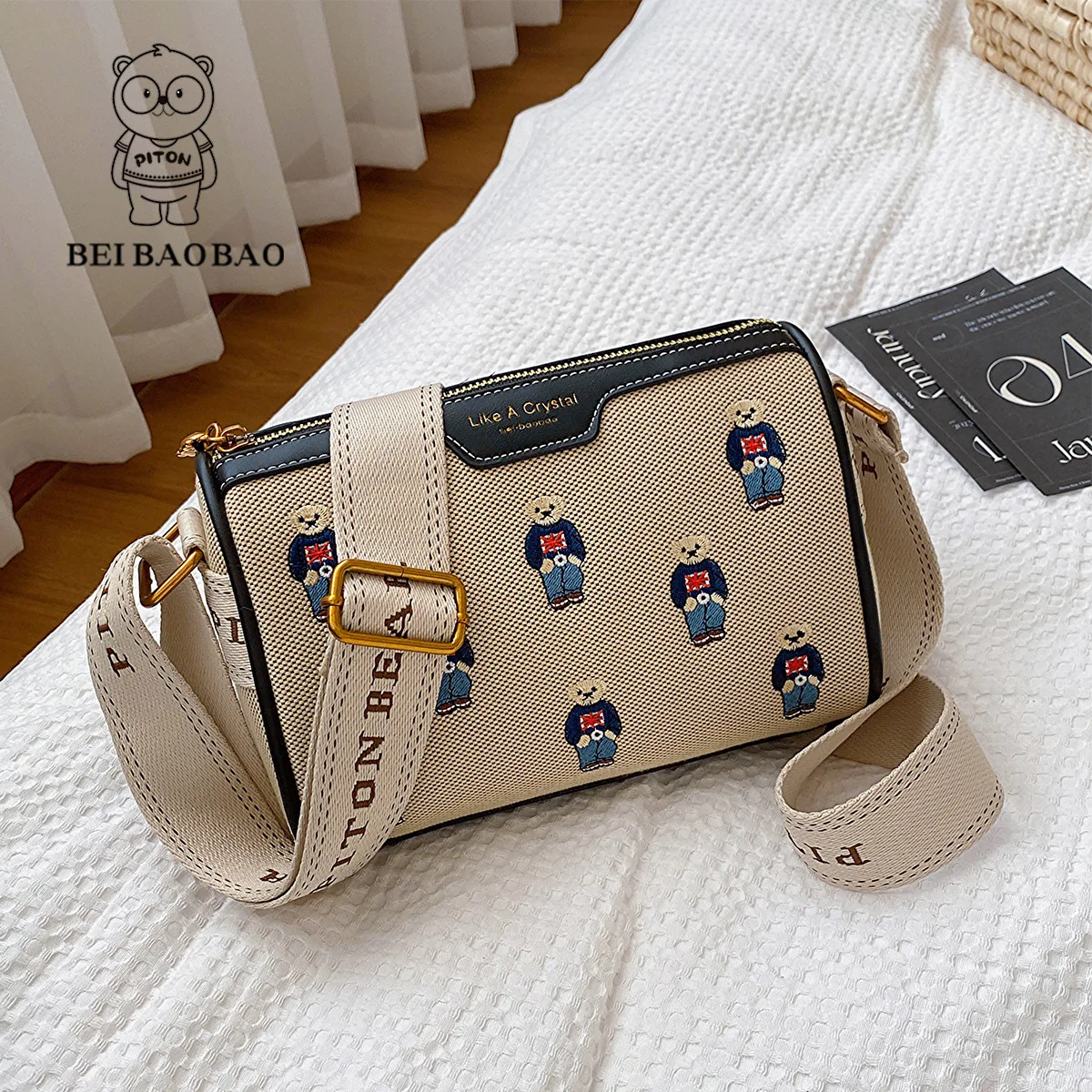 beibaobao 2024 New Diagonal Cross Shoulder Women\'s Bag Fashionable and Leisure Embroidered Pillow Bag Mobile Phone Bag