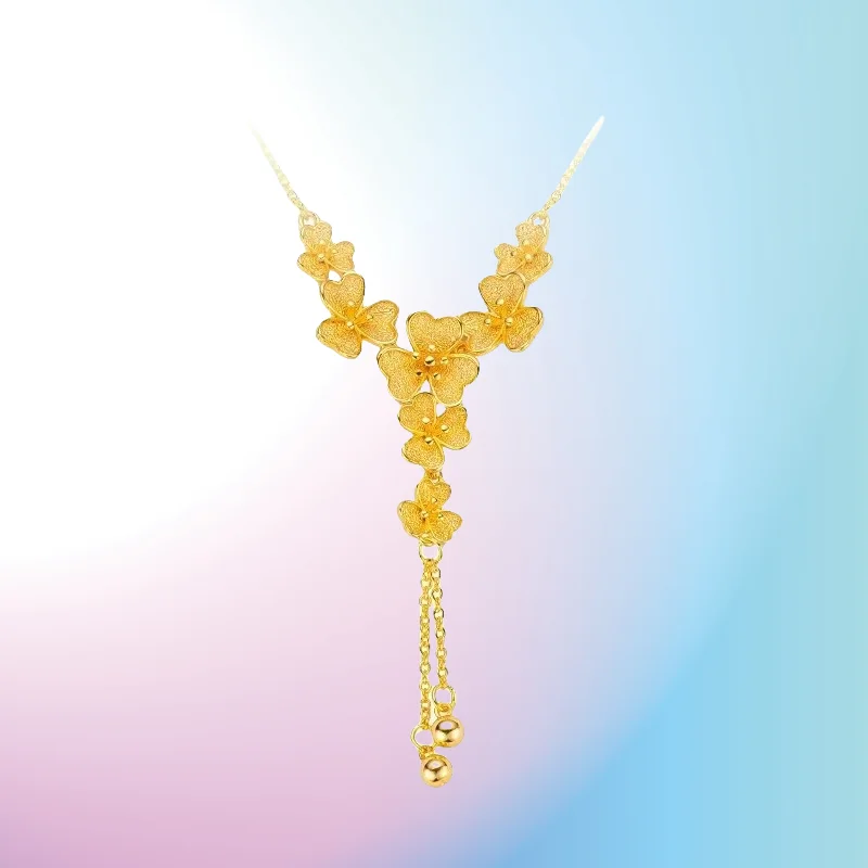

new 9999 Real Gold 24K gold three-petaled grass collarbone necklace niche high-end temperament meets lucky flower necklace