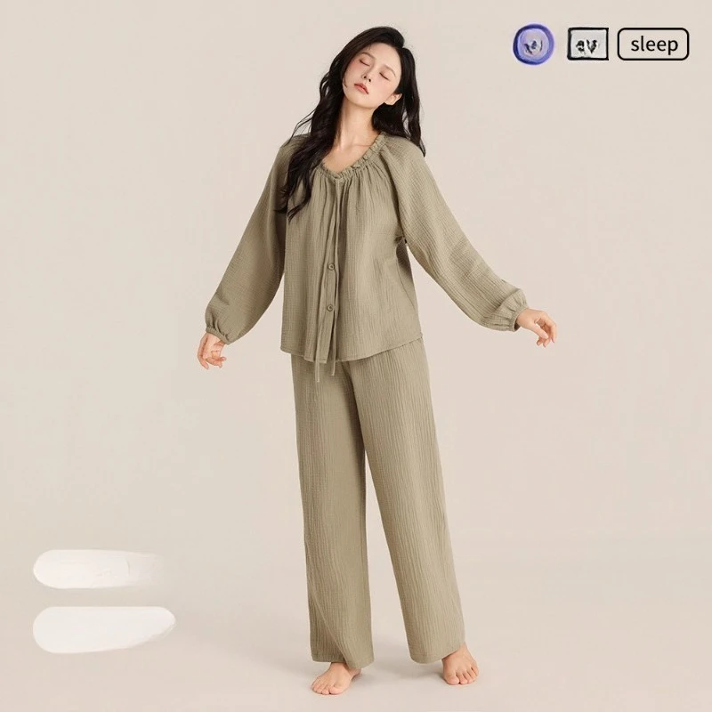 Pure Cotton Double-layer Crepe Pajamas New Autumn Long-sleeved Shirts and Long Pants, Solid V-neck Sweet Loose Student Home Wear