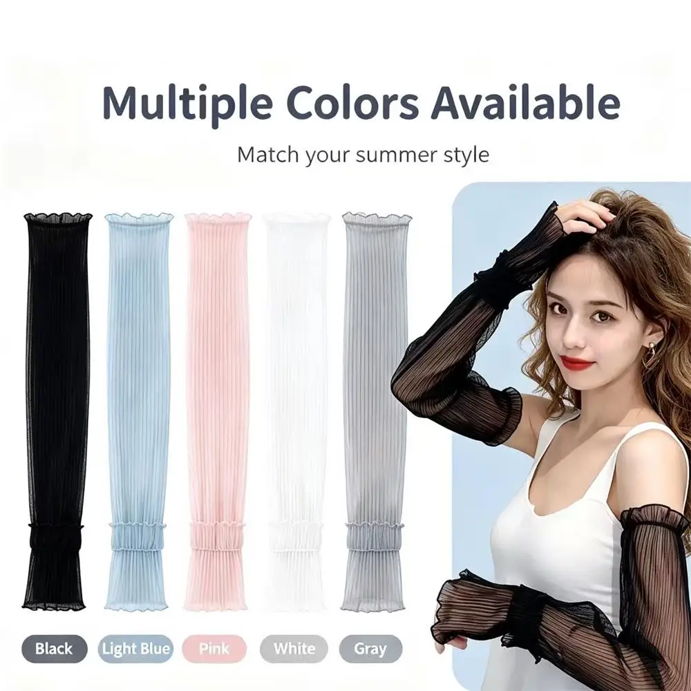 Ruffled Sheer Mesh Sun Protection Arm Sleeves,Elastic Breathable Cooling Lace Sleeve Covers For Driving Cycling Outdoor Sports,