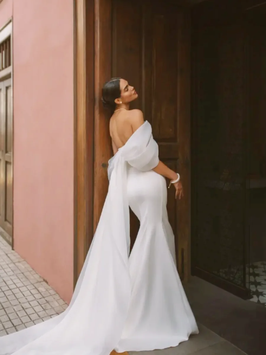 Mulheres vestido de noiva sereia cetim, vestidos de festa de casamento, ombro fora, plissado vestido de noiva com trem, verão, 2022