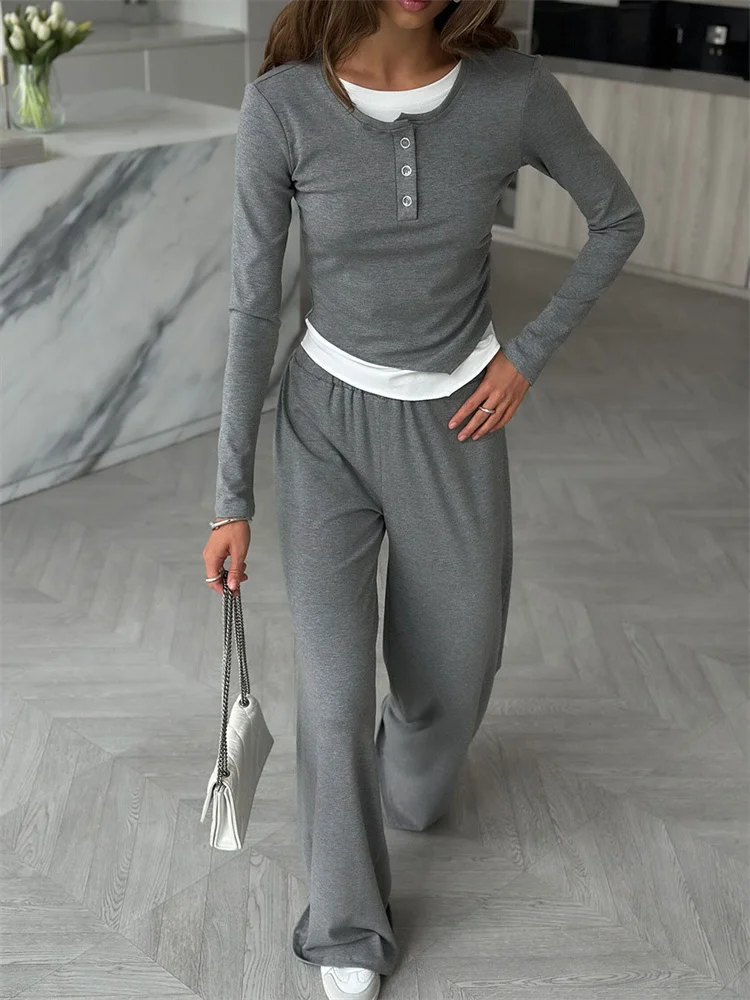 

Tossy Autumn Casual Women Pants Sets Patchwork Long Sleeve T-shirt Pullover And High Waist Straight Trousers 2 Piece-Set Female
