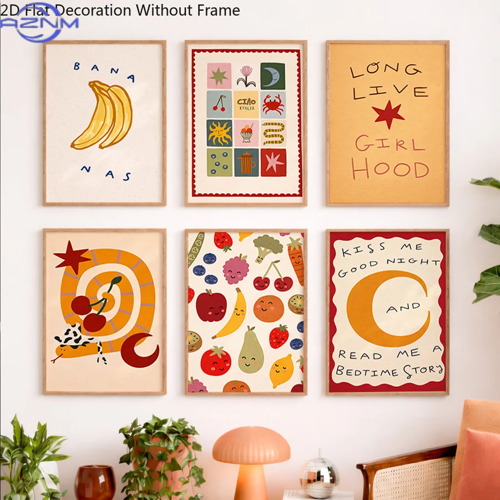 2D Flat, 2D Flat 6pcs Vintage Fruit Fun Art Decor Set, Cream Orange-Red Color Scheme, Nordic Hand-Painted Illustration Style Des