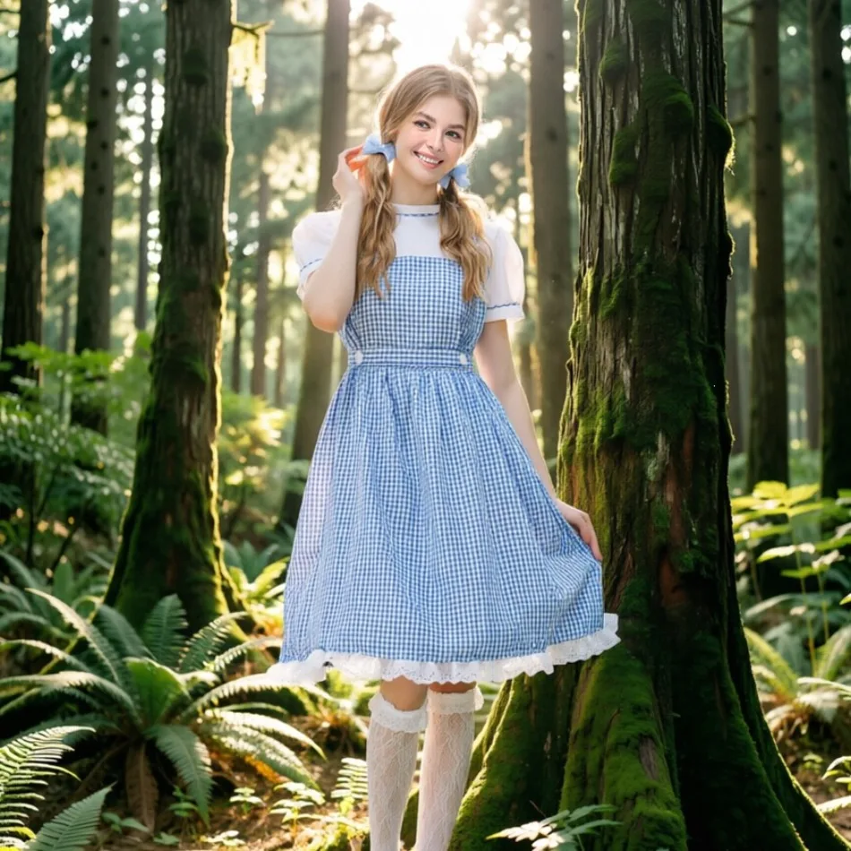 Dorothy Blaues kariertes Kleid, Gingham-Midikleid, Puffärmel, Spitzenbesatz, Vintage Country Girl Halloween Party Cosplay Outfit PS66
