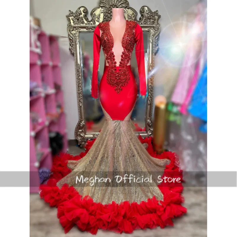 Vermelho africano americano vestidos de baile para meninas negras sereia babados cristais feminino robe de soiree vestido de noite personalizado
