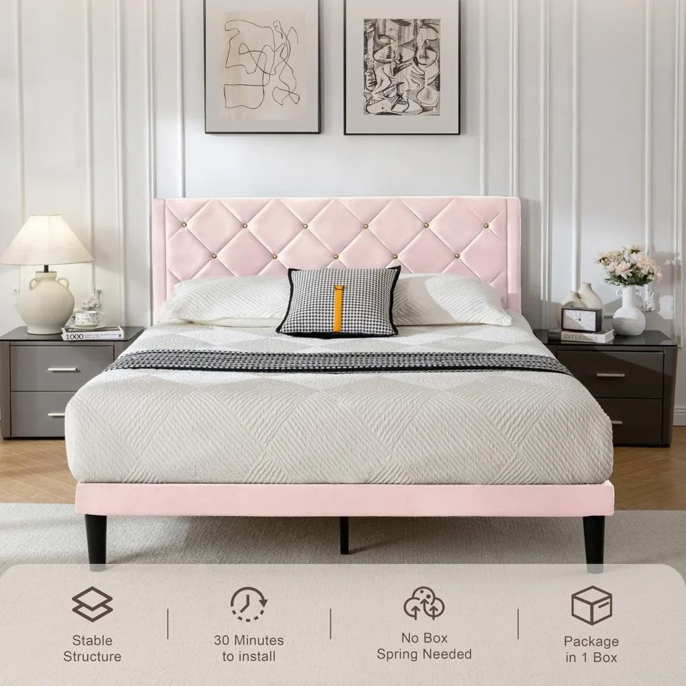 إطار سرير بمنصة رأس مخملية بحجم كوين مع دعامة خشبية وسهلة التجميع