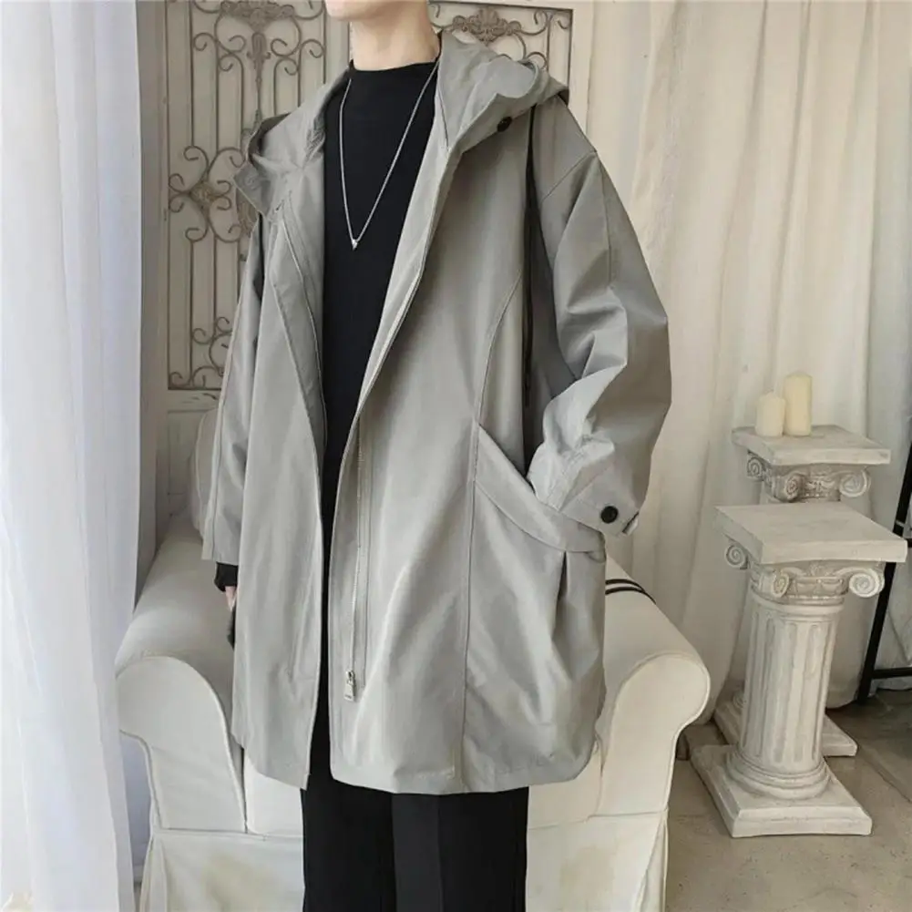 Men's Autumn Jackets Hooded Long Sleeve Zipper Placket Trench Coat With Pockets Solid Color Loose Fit Mid-length Outwear