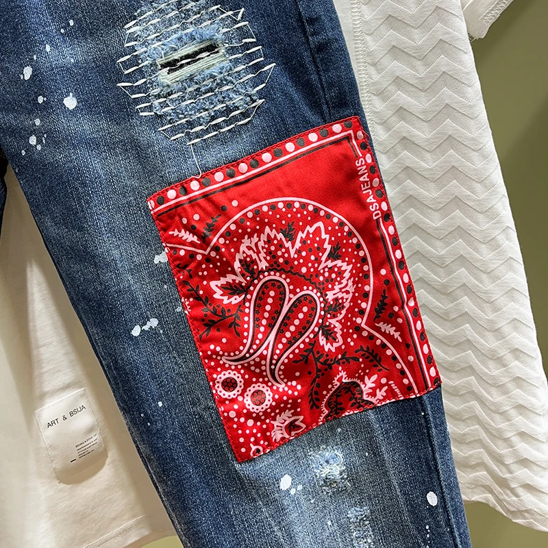 Street Fashion Men Jeans Retro Blue Stretch Slim Fit Vintage Ripped Jeans Embroidery Patched Designer Hip Hop Denim Pants Hombre