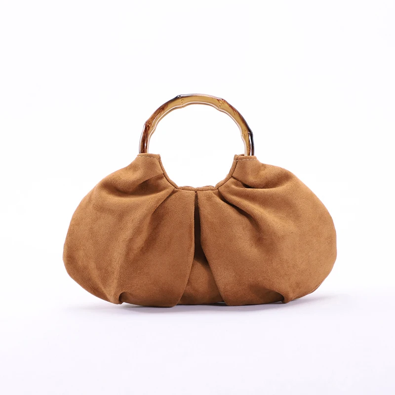 

Suede Bamboo Handle Women Handbag,Vintage Maillard Style Fashion Pleated Design Solid Color Tote Bag,2025 Autumn Winter Retro