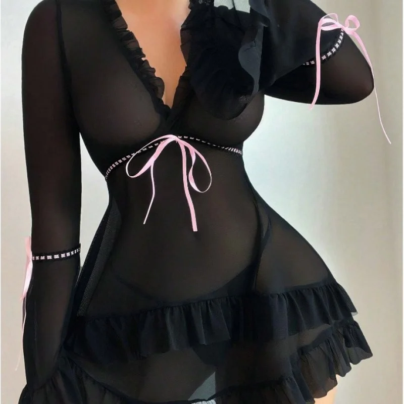 

Ladies Underwear Sexy Mesh See-through Long Sleeve Strap Backless Short Dress