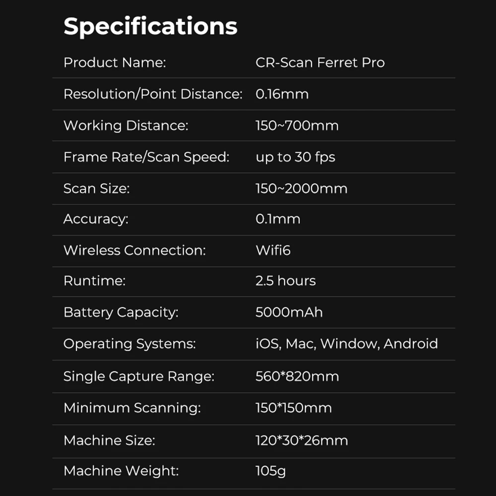 جديد CR-Scan Ferret Pro WiFi 3D الماسح الضوئي المحمول المضاد للاهتزاز تتبع 0.1mm دقة المسح اللاسلكي لنظام التشغيل Mac iOS Win Android