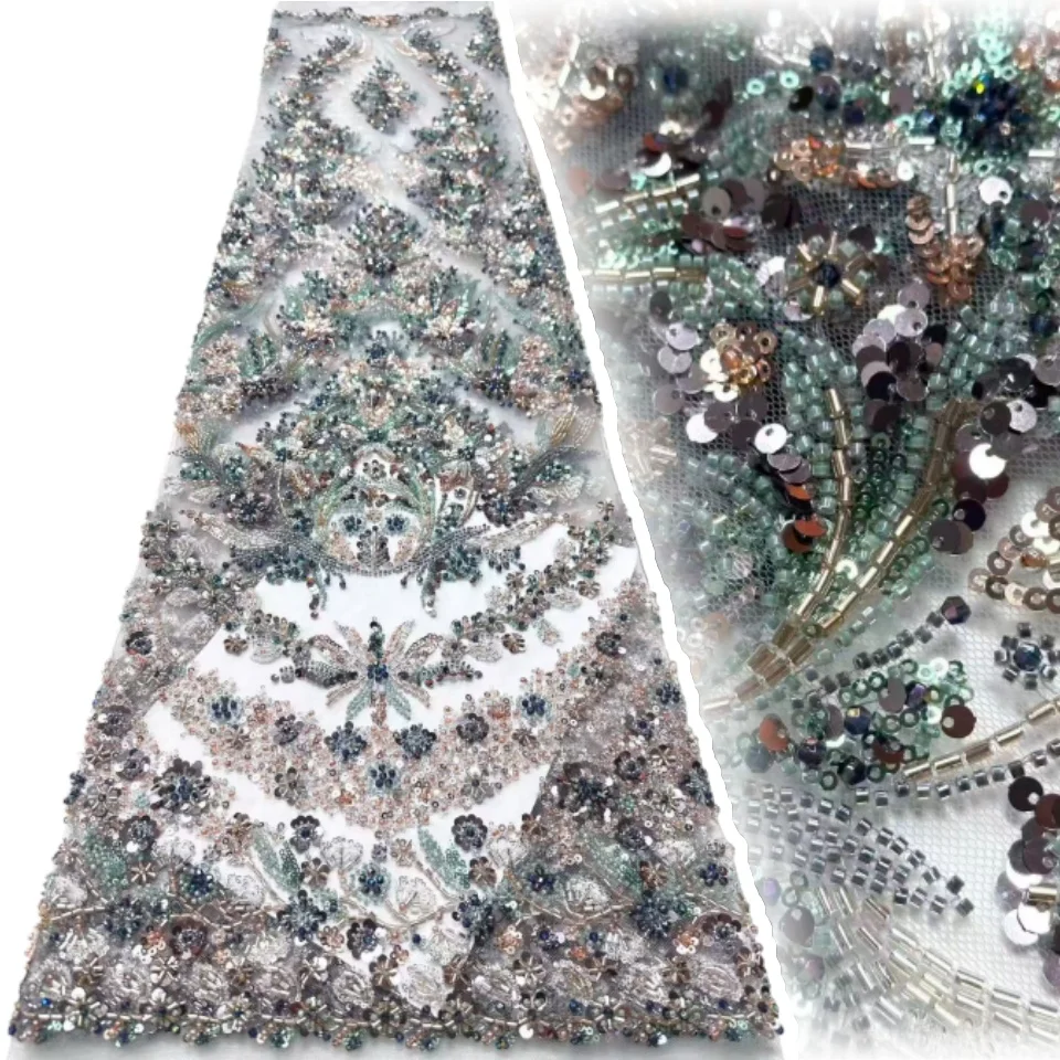 

2 Yards African Sequin Beaded Lace Fabric High Quality Nigerian French Groom Embroidery Tulle Lace Fabric Bridal Wedding 2198